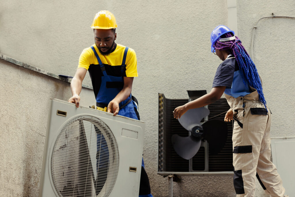 Technicians disassembling HVAC unit panel for evaporative condenser maintenance and repair.