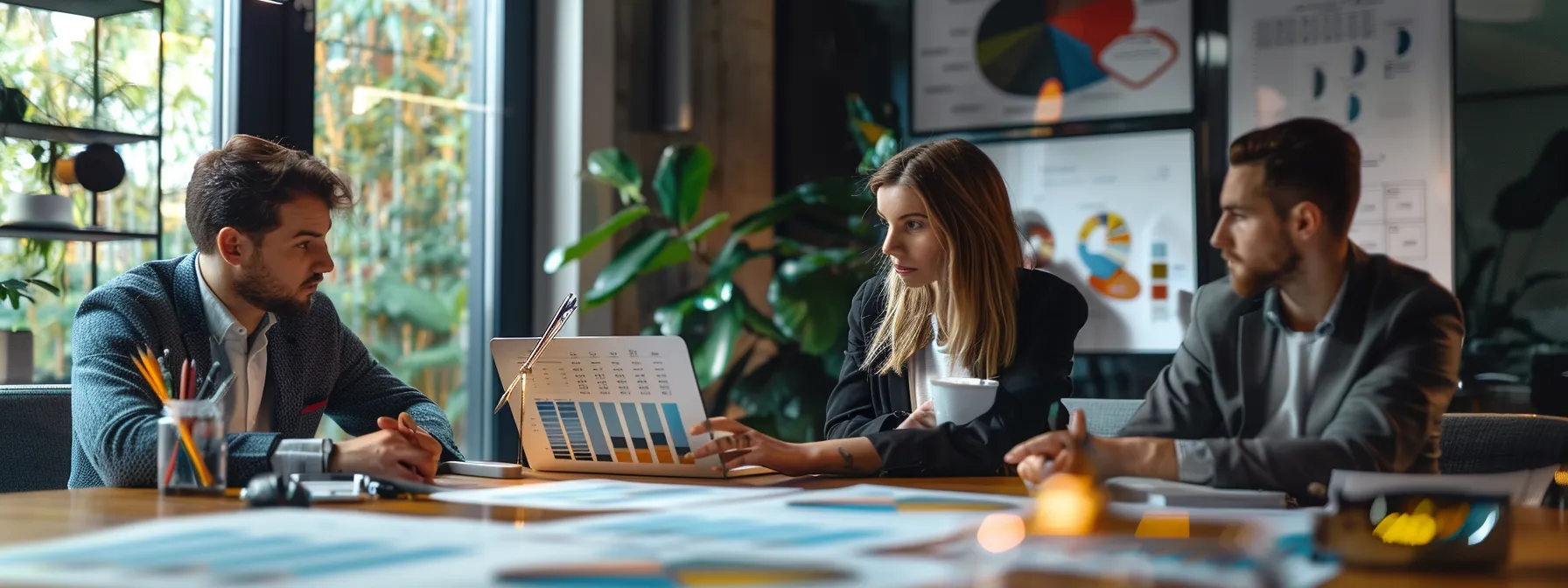 a group of business professionals reviews charts and graphs in a sleek conference room, focusing on tattoo parlor standards in columbus, ohio.