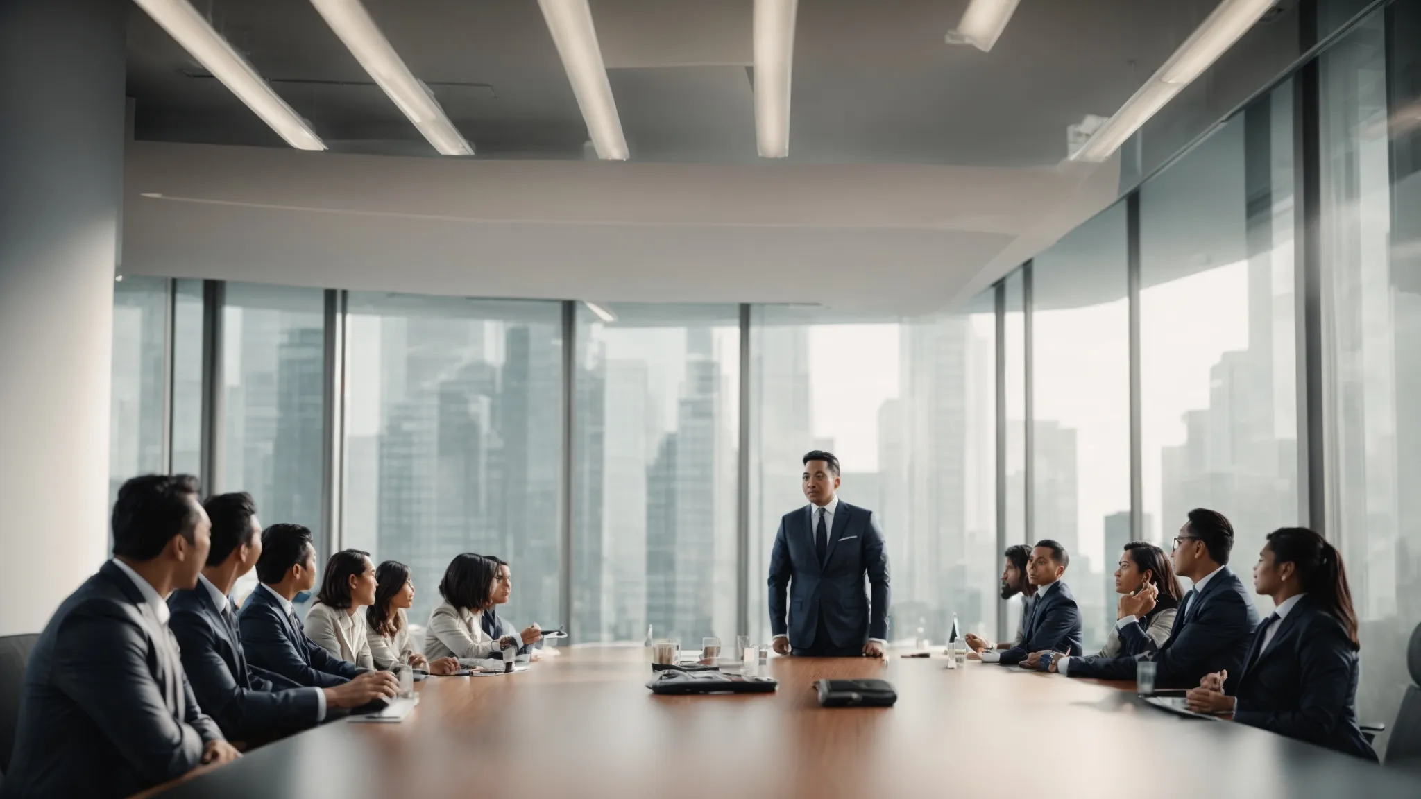 a ceo stands confidently at the helm of a meeting table, presenting a financial strategy to potential investors in a bright, modern office.