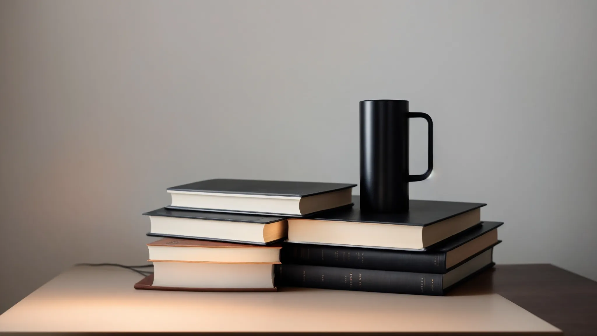 a stack of hardcover books on a sleek, modern desk, illuminated by the soft glow of a minimalist lamp, with a digital tablet and a cup of coffee alongside.