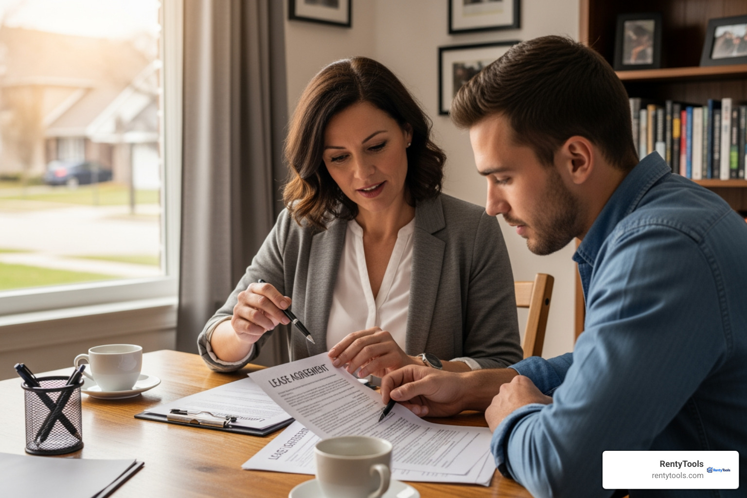 Prorated Rent Calculator Move-Out: 5 Easy Steps 8 Landlord and tenant sitting at a table reviewing a printed lease agreement together